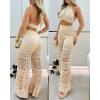 imageChicMe Womens Crochet Coverups 2 Pieces Halter Sleeveless Crop Top and Casual Hollowout Loose Fit Pants SetApricot