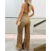 imageChicMe Womens Crochet Coverups 2 Pieces Halter Sleeveless Crop Top and Casual Hollowout Loose Fit Pants SetBrown