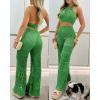 imageChicMe Womens Crochet Coverups 2 Pieces Halter Sleeveless Crop Top and Casual Hollowout Loose Fit Pants SetGreen