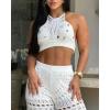 imageChicMe Womens Crochet Coverups 2 Pieces Halter Sleeveless Crop Top and Casual Hollowout Loose Fit Pants SetWhite