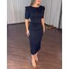 imageWomens Bodycon Midi Dress Ruched Puff Sleeve Cocktail Pencil Dress Casual Slit Party Work DressesAblack