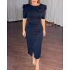 imageWomens Bodycon Midi Dress Ruched Puff Sleeve Cocktail Pencil Dress Casual Slit Party Work DressesAblack