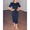 imageWomens Bodycon Midi Dress Ruched Puff Sleeve Cocktail Pencil Dress Casual Slit Party Work DressesAblack
