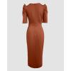 imageWomens Bodycon Midi Dress Ruched Puff Sleeve Cocktail Pencil Dress Casual Slit Party Work DressesBrown