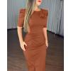 imageWomens Bodycon Midi Dress Ruched Puff Sleeve Cocktail Pencil Dress Casual Slit Party Work DressesBrown