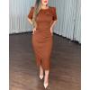 imageWomens Bodycon Midi Dress Ruched Puff Sleeve Cocktail Pencil Dress Casual Slit Party Work DressesBrown