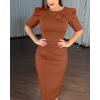 imageWomens Bodycon Midi Dress Ruched Puff Sleeve Cocktail Pencil Dress Casual Slit Party Work DressesBrown