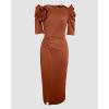 imageWomens Bodycon Midi Dress Ruched Puff Sleeve Cocktail Pencil Dress Casual Slit Party Work DressesBrown