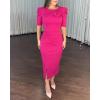 imageWomens Bodycon Midi Dress Ruched Puff Sleeve Cocktail Pencil Dress Casual Slit Party Work DressesHot Pink