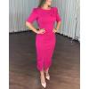 imageWomens Bodycon Midi Dress Ruched Puff Sleeve Cocktail Pencil Dress Casual Slit Party Work DressesHot Pink