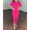 imageWomens Bodycon Midi Dress Ruched Puff Sleeve Cocktail Pencil Dress Casual Slit Party Work DressesHot Pink