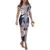 imageCHICME Summer Dresses for Women Floral Print Plunge V Neck Midi Dress Casual Ruched Slit Bodycon Party DressBlue