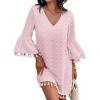 imageCHICME Womens 2025 Summer Dress Swiss Dot V Neck Bell Sleeve Shift Dress Casual Flowy Mini DressesPink