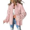 imageCHICME Womens Casual Oversized Button Down Corduroy Shirt Jacket Long Sleeve Shacket with FringeApink
