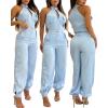 imageCHICME Womens Light Blue Sleeveless Jumpsuit  High Waist SelfTie Belt ampamp Side Pockets Stretchy Wide Leg Romper for SummerAlighted Blue