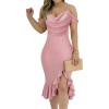 imageCHICME Womens Sexy Bodycon Party Dress Off The Shoulder Pearls Strap Midi Dress Ruffle Hem Cocktail DressesTpink