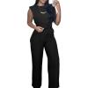 imageCHICME Womens Summer 2 Piece Outfits Cap Sleeve Round Neck Tank Crop Top Wide Leg Pants Set with PocketsBlack