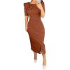 imageWomens Bodycon Midi Dress Ruched Puff Sleeve Cocktail Pencil Dress Casual Slit Party Work DressesBrown