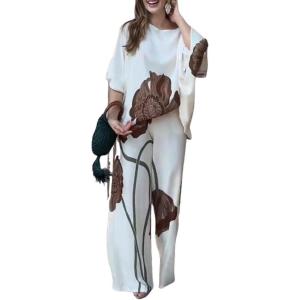 imageCHICME 2 Piece Outfits for Women Floral Print Batwing Sleeve Skew Neck Tops Wide Leg Pants Matching Lounge SetsBeige