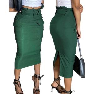 imageCHICME Women High Waisted Cargo Midi Skirt Belted Summer Slit Casual Skirts Pencil Skirt for WomenArmy Green