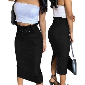 imageCHICME Women High Waisted Cargo Midi Skirt Belted Summer Slit Casual Skirts Pencil Skirt for WomenBlack