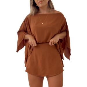 imageCHICME Womens 2 Piece Short Sets OffShoulder MultiWays Batwing Sleeve Top with Bandeau Matching Shorts SetBrown