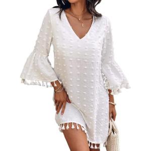 imageCHICME Womens 2025 Summer Dress Swiss Dot V Neck Bell Sleeve Shift Dress Casual Flowy Mini DressesAwhite