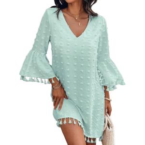 imageCHICME Womens 2025 Summer Dress Swiss Dot V Neck Bell Sleeve Shift Dress Casual Flowy Mini DressesLight Green