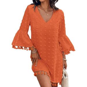imageCHICME Womens 2025 Summer Dress Swiss Dot V Neck Bell Sleeve Shift Dress Casual Flowy Mini DressesOrange
