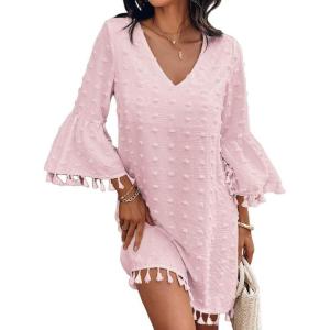 imageCHICME Womens 2025 Summer Dress Swiss Dot V Neck Bell Sleeve Shift Dress Casual Flowy Mini DressesPink