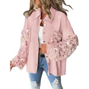 imageCHICME Womens Casual Oversized Button Down Corduroy Shirt Jacket Long Sleeve Shacket with FringeApink