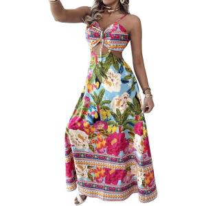 imageCHICME Womens Floral Maxi Dresses Spaghetti Strap V Neck Boho Dress Lace Up Cutout Casual Summer Beach Sundress