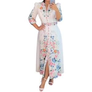 imageCHICME Womens Floral Maxi Dresses V Neck 34 Sleeve Summer Blouse Dress Casual Belted Beach Vacation Sundress
