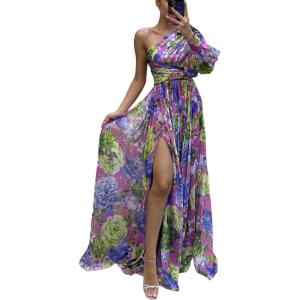 imageCHICME Womens Holiday Maxi Dress Lantern Sleeve One Shoulder High Slit Floral Maxi DressPurple