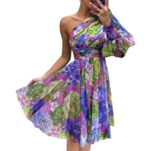 imageCHICME Womens Holiday Maxi Dress Lantern Sleeve One Shoulder High Slit Floral Maxi DressShort Purple