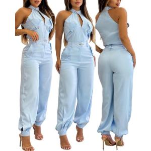 imageCHICME Womens Light Blue Sleeveless Jumpsuit  High Waist SelfTie Belt ampamp Side Pockets Stretchy Wide Leg Romper for SummerAlighted Blue