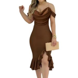 imageCHICME Womens Sexy Bodycon Party Dress Off The Shoulder Pearls Strap Midi Dress Ruffle Hem Cocktail DressesScoffee