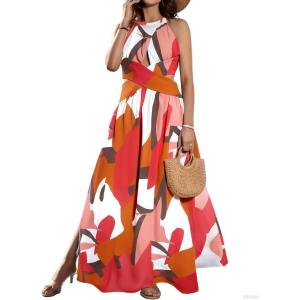 imageCHICME Womens Sleeveless Halter Neck Dress Criss Cross Tie Back Split High Maxi DressMulticolor