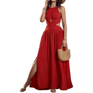 imageCHICME Womens Sleeveless Halter Neck Dress Criss Cross Tie Back Split High Maxi DressRed