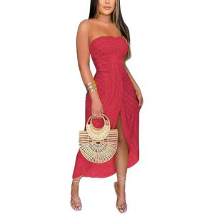imageCHICME Womens Strapless Maxi Bodycon Dresses Wrap Asymmetrical Beach Maxi Long Dress Beach Sunset DressRed