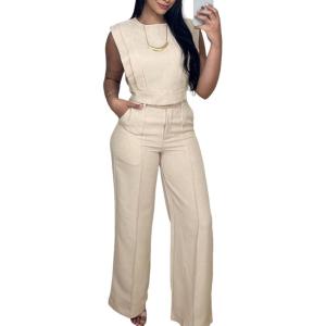 imageCHICME Womens Summer 2 Piece Outfits Cap Sleeve Round Neck Tank Crop Top Wide Leg Pants Set with PocketsApricot