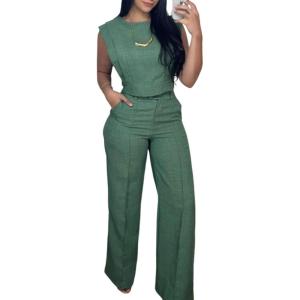 imageCHICME Womens Summer 2 Piece Outfits Cap Sleeve Round Neck Tank Crop Top Wide Leg Pants Set with PocketsGreen