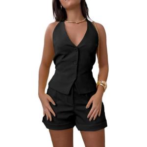 imageCHICME Womens Summer 2 Piece Sets Casual Business Halter Sleeveless Button Down Vest Shorts Matching SetsBlack