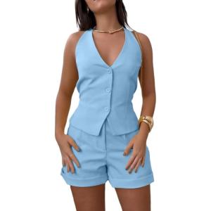 imageCHICME Womens Summer 2 Piece Sets Casual Business Halter Sleeveless Button Down Vest Shorts Matching SetsSky Blue