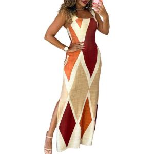 imageCHICME Womens Summer Maxi Dress Casual Thick Strap Square Neck Boho Sundress Split Vacation Dresses with PocketsAmulticolor