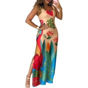 imageCHICME Womens Summer Maxi Dress Casual Thick Strap Square Neck Boho Sundress Split Vacation Dresses with PocketsTropical Multicolor