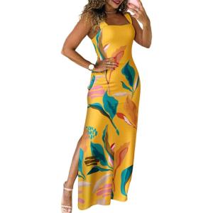 imageCHICME Womens Summer Maxi Dress Casual Thick Strap Square Neck Boho Sundress Split Vacation Dresses with PocketsYellow