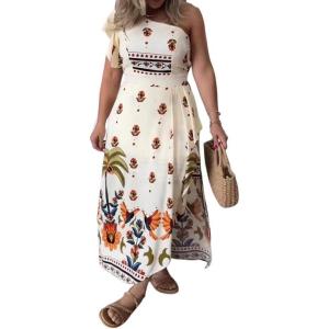 imageCHICME Womens Summer Maxi Dress Off The Shoulder Tropical Print Flutter Sleeve Beach Dress SundressesAbeige