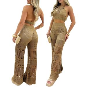 imageChicMe Womens Crochet Coverups 2 Pieces Halter Sleeveless Crop Top and Casual Hollowout Loose Fit Pants SetBrown