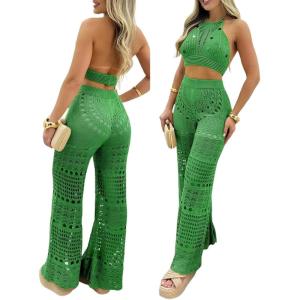 imageChicMe Womens Crochet Coverups 2 Pieces Halter Sleeveless Crop Top and Casual Hollowout Loose Fit Pants SetGreen